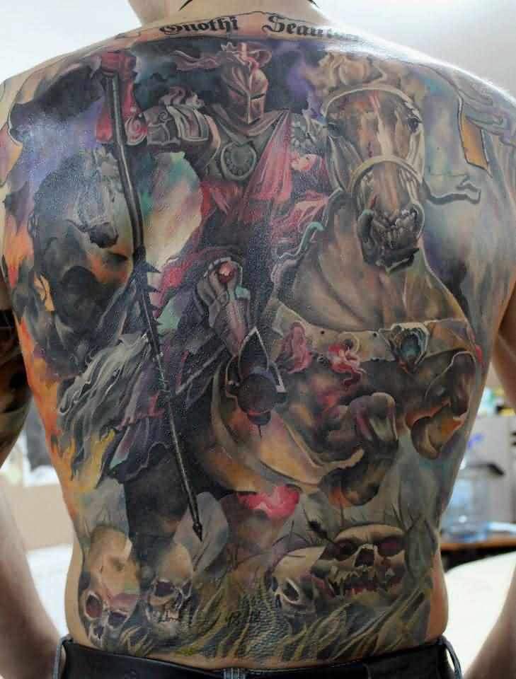 3D Warrior Horse Tattoo On Full Back