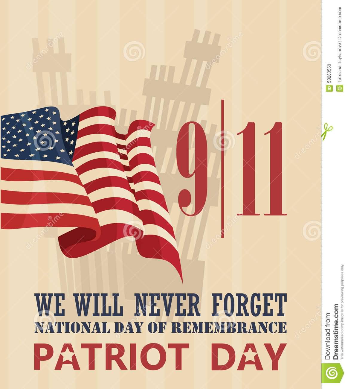 9-11 We Will Never Forget National Day Of Remembrance Patriot Day American Waving Flag Illustration