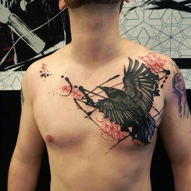 Abstract Raven Tattoo On Man Chest