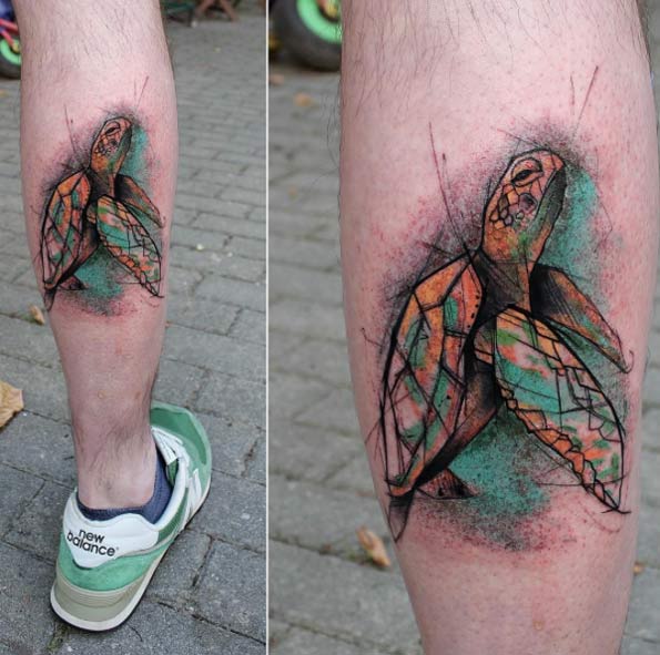Abstract Sea Turtle Tattoo On Back Leg
