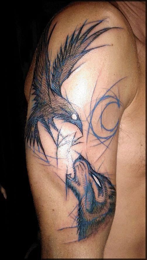 Abstract Wolf And Flying Raven Tattoo On Man Right Half Sleeve