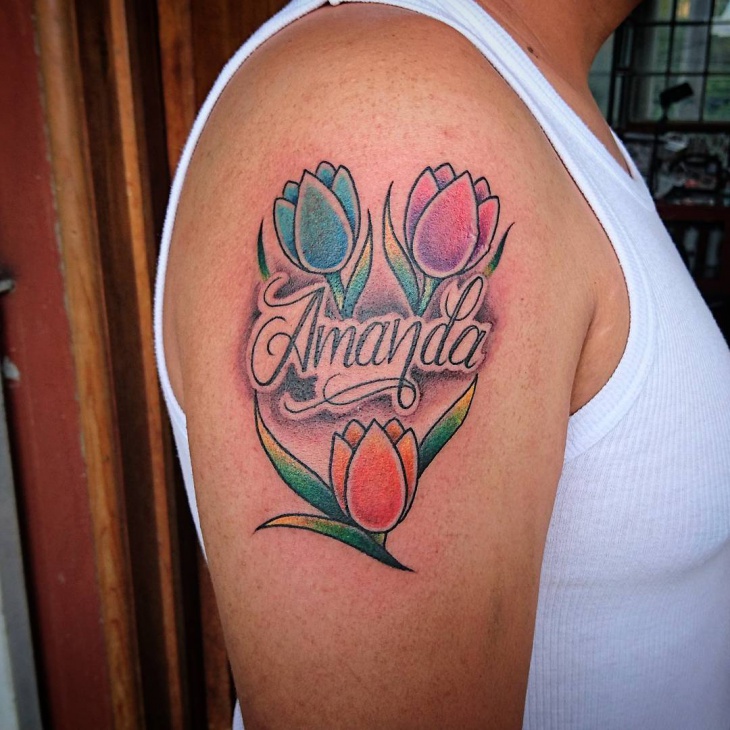 Amanda Tulip Flowers Tattoo On Man Right Shoulder
