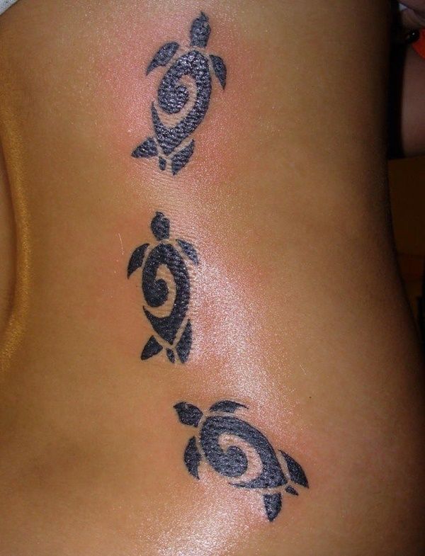 Amazing Black Ink Tribal Turtle Tattoo On Side Rib