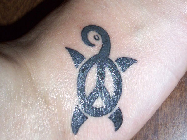 Amazing Black Peace Turtle Tattoo On Right foot
