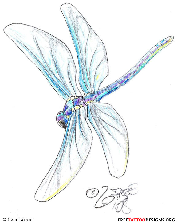 Amazing Blue Ink Dragonfly Tattoo Design