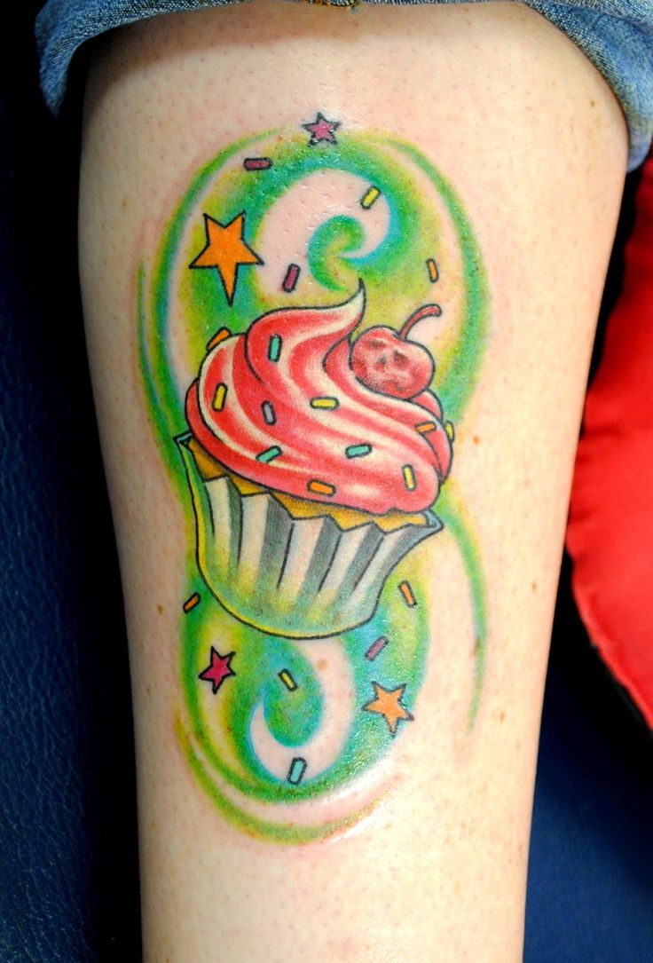 Amazing Cupcake Tattoo On Side Leg