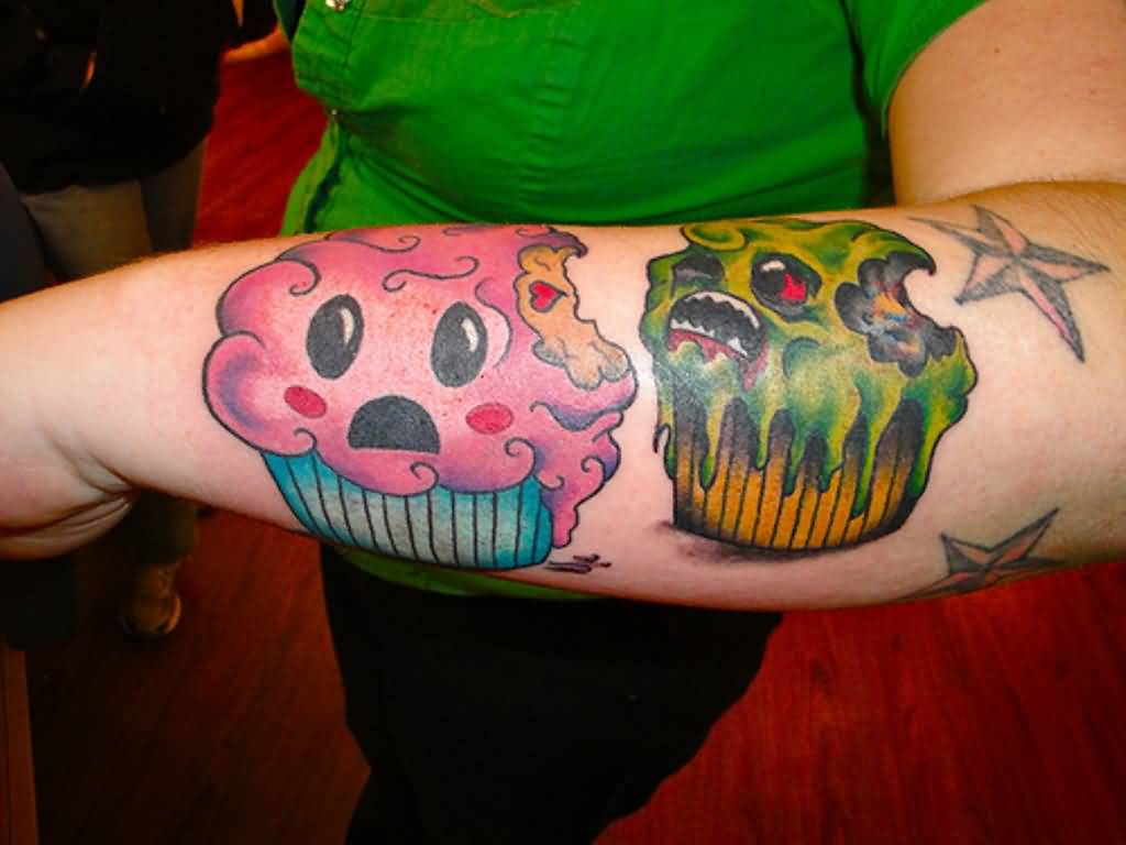 Amazing Cupcake Tattoos On Girl Left Sleeve