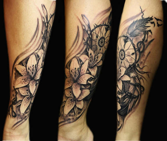 Amazing Grey Flowers Realistic Lily Tattoo Idea