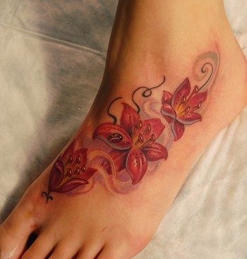 Amazing Lily Flowers Tattoos On Left Foot
