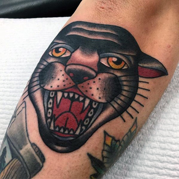 Amazing Panther Head Tattoo On Left Arm Sleeve