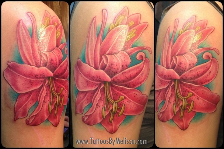 Amazing Pink Lily Realistic Tattoo On Shoulder