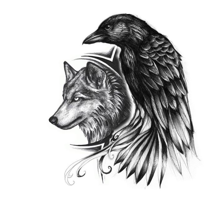 Amazing Wolf Head And Raven Tattoo Design