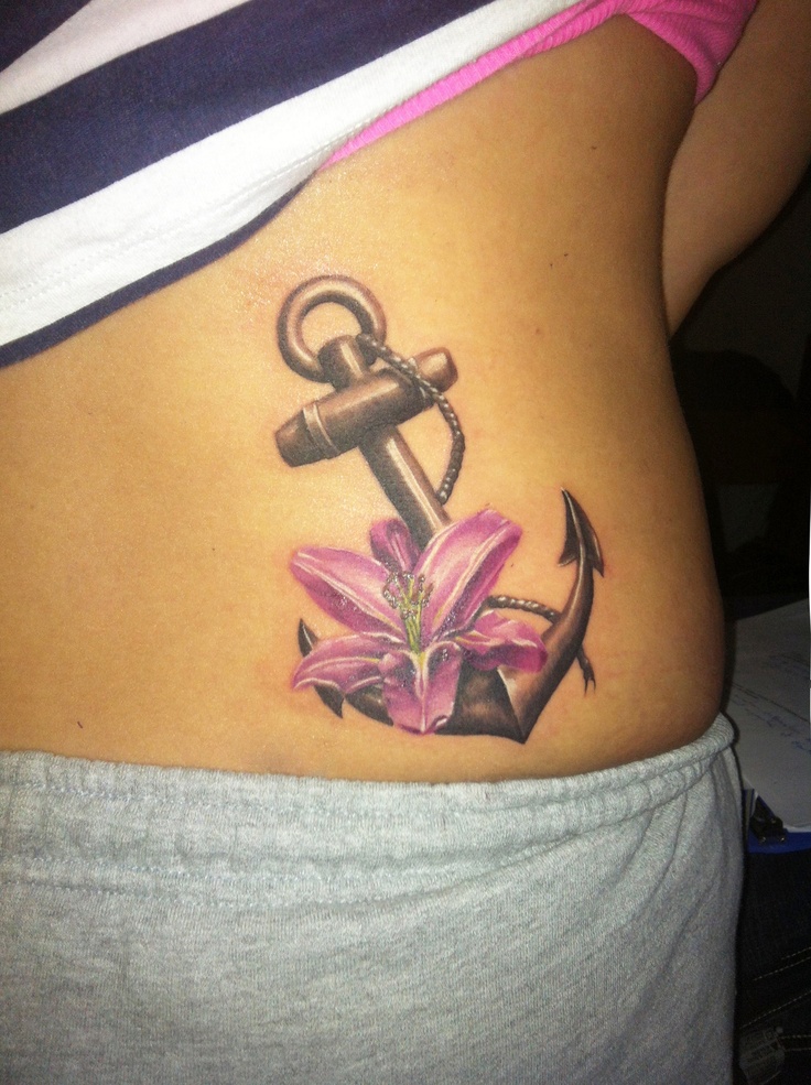 Anchor And Lily Flower Tattoo On Lower Back