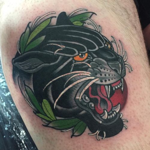 Angry Black Panther Tattoo On Leg
