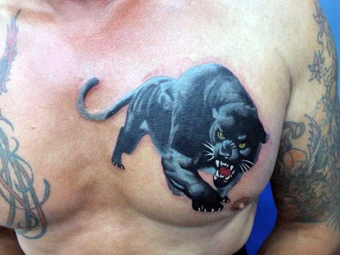 Angry Black Panther Tattoo On Man Chest