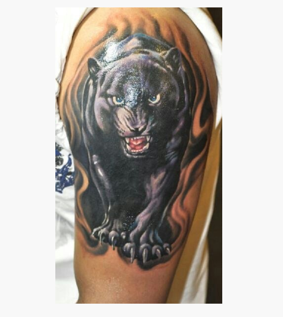 Angry Black Panther Tattoo On Man Left Half Sleeve