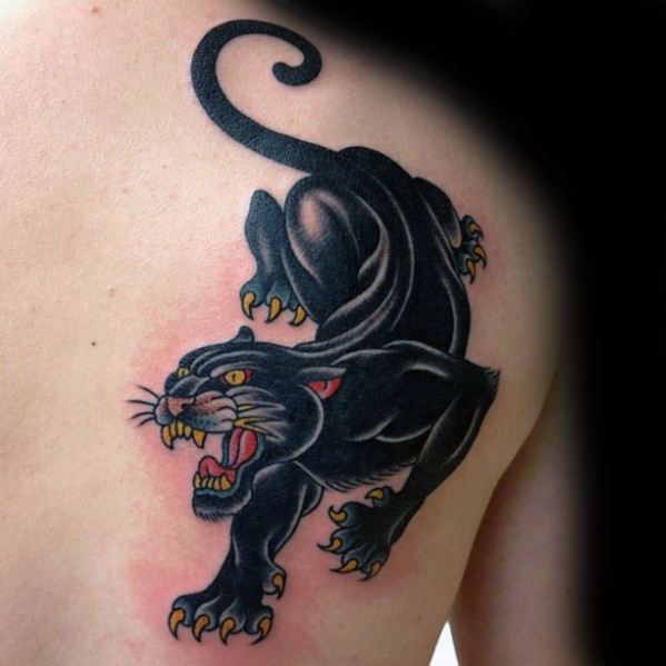 Angry Black Panther Tattoo On Right Back Shoulder