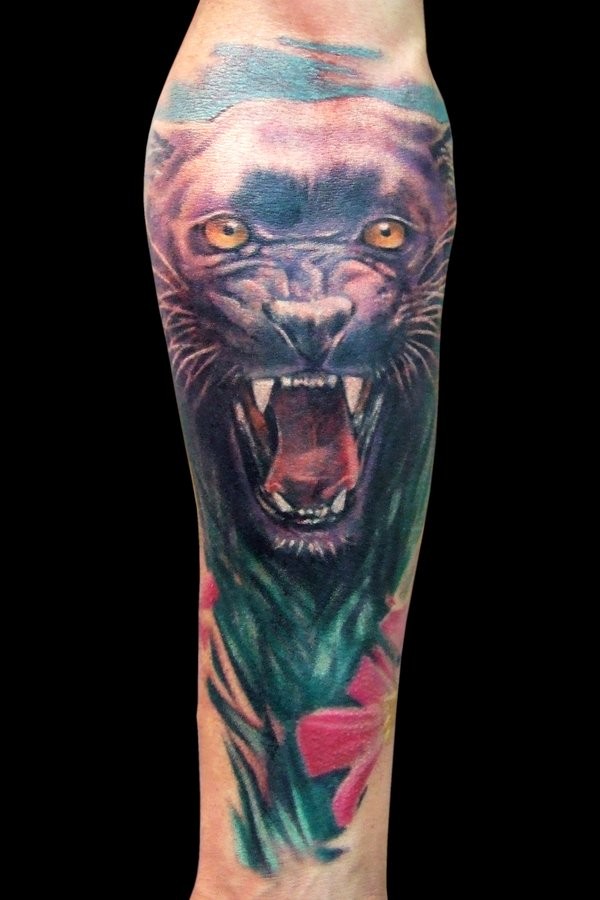 Angry Colorful Panther Tattoo On Right Forearm
