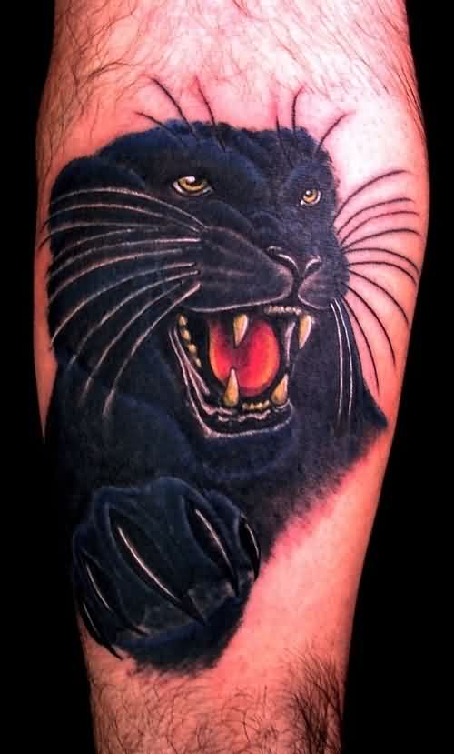 Angry Panther Head Tattoo On Forearm