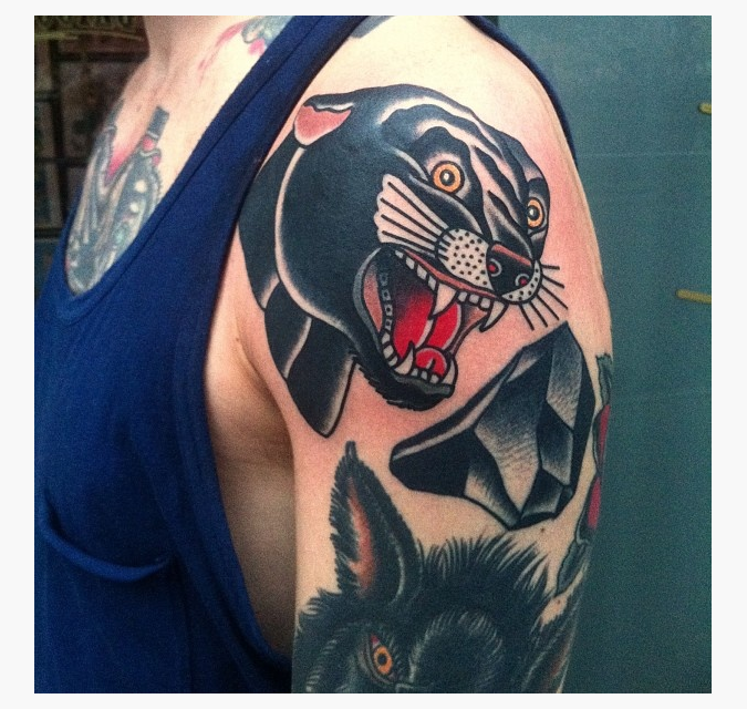 Angry Panther Head Tattoo On Man Left Shoulder