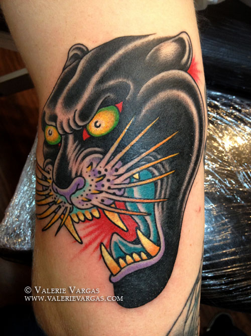 Angry Panther Head With Yellow Eyes Tattoo On Sleeve by Valerie Vargas