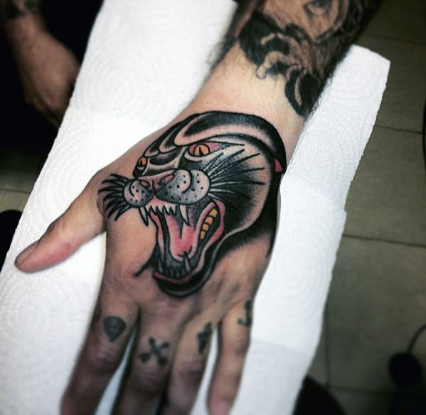Angry Traditional Panther Tattoo On Left Hand