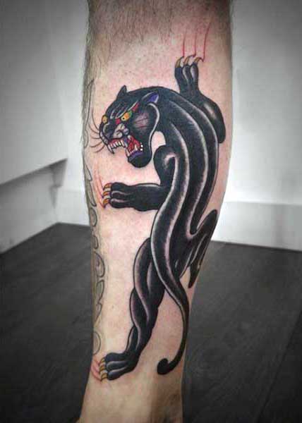 Angry Traditional Panther Tattoo On Leg