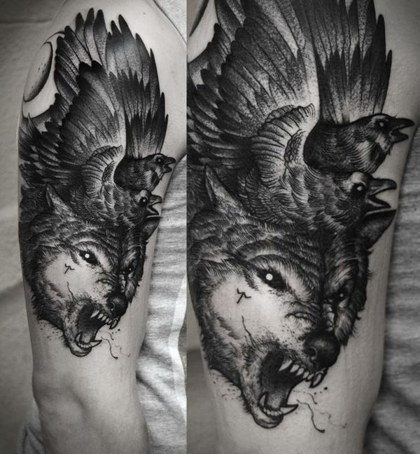 Angry Wolf Head And Raven Tattoos On Arm Sleeve