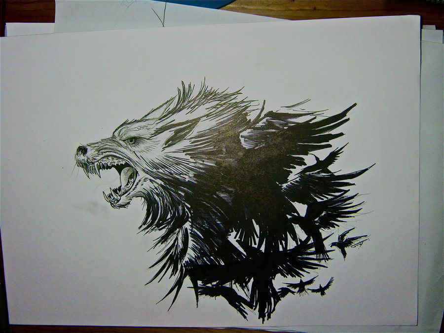 Angry Wolf Head  With Flying Ravens Tattoo Design