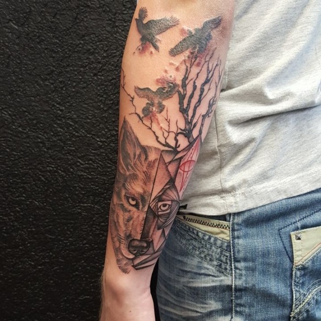 Arm Sleeve Flying Birds And Wolf Head Tattoo