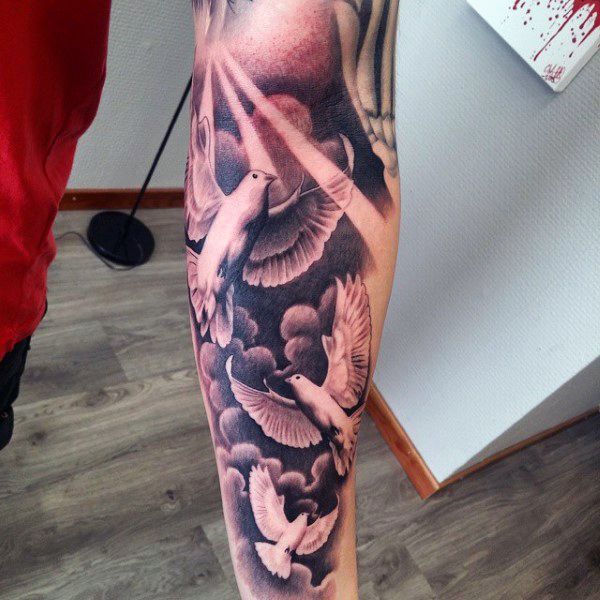 Arm Sleeve Grey And Black Dove Tattoos