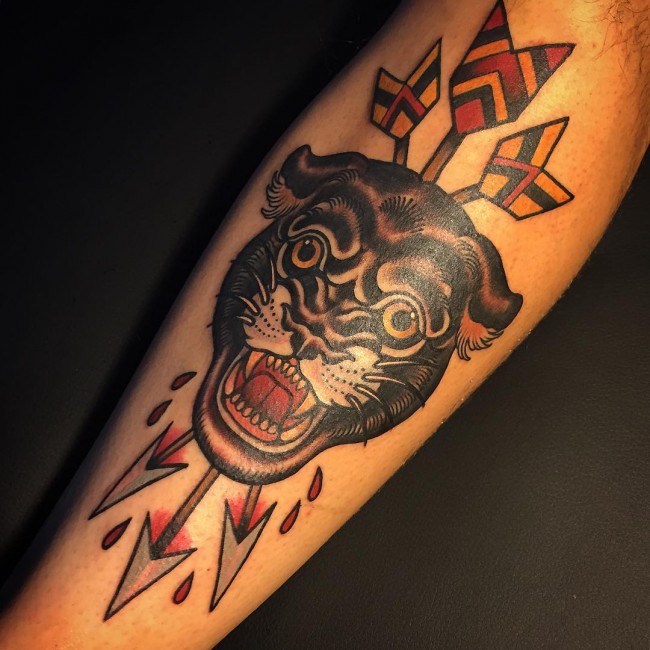 Arrows In Traditional Panther Tattoo On Leg