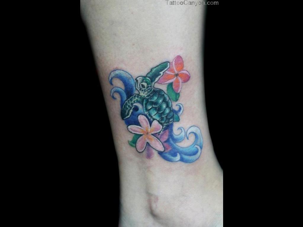 Awesome Color Ink Flowers And Turtle Tattoo On Side Leg