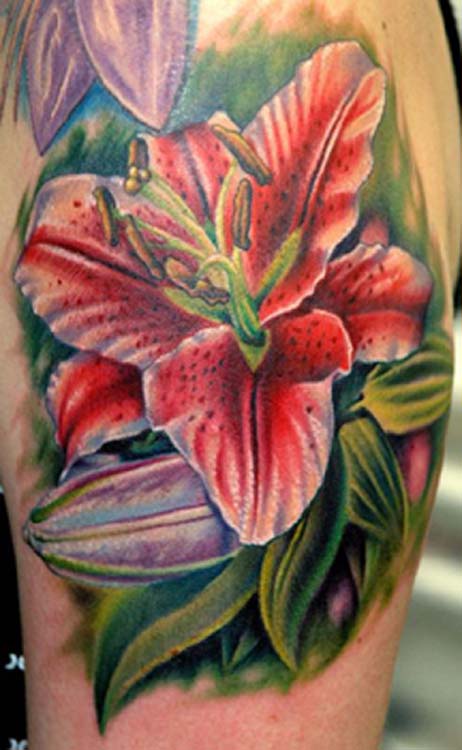 Awesome Color Lily Flower Tattoo On Left Shoulder