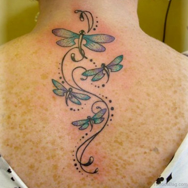 Awesome Colorful Dragonflies Tattoo On Upper Back