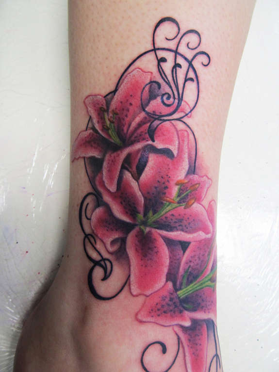Awesome Lily Flowers Tattoo On Ankle