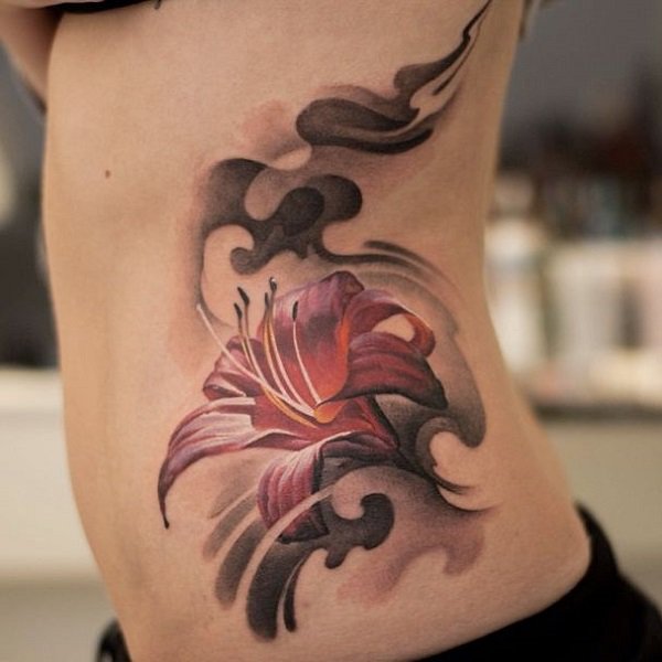 Awesome Realistic Lily Tattoos On Rib Side