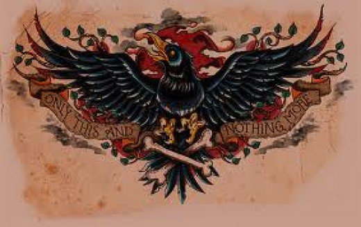 Banners And Open Wings Raven Tattoo Idea
