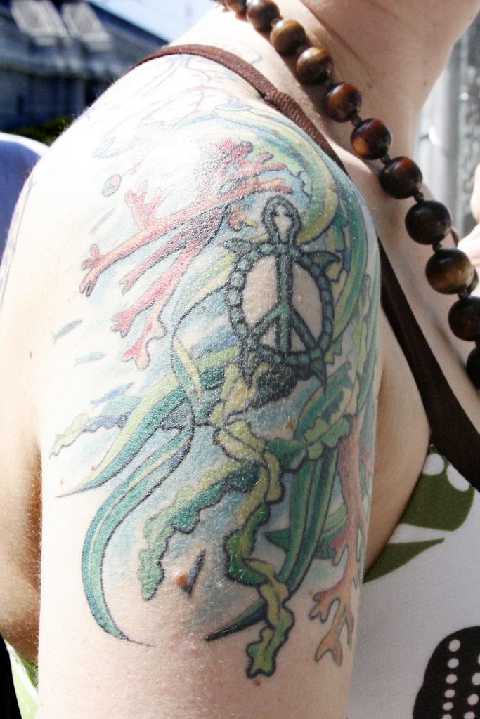 Beautiful Color Ink Peace Turtle Tattoo On Right Shoulder
