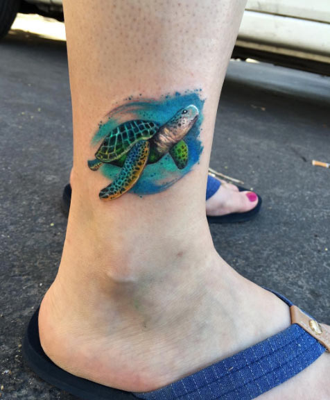 Beautiful Color Ink Sea Turtle Tattoo On Side Leg