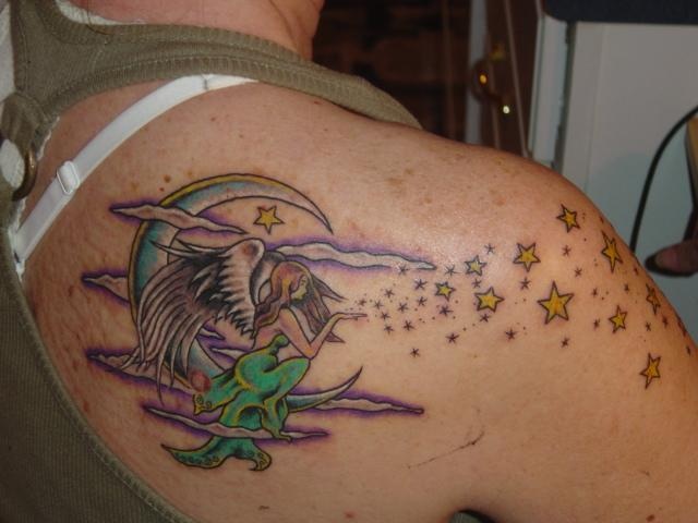 Beautiful Fairy And Yellow Stars Tattoo On Right Shoulder