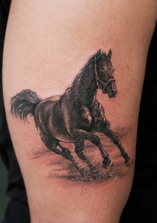 Beautiful Grey Ink Running Horse Tattoo On Right Bicep