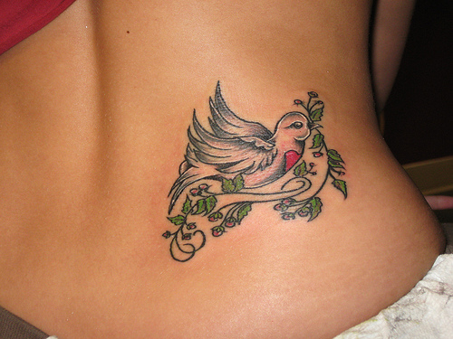 Beautiful Peace Dove Tattoo On Girl Lower Back
