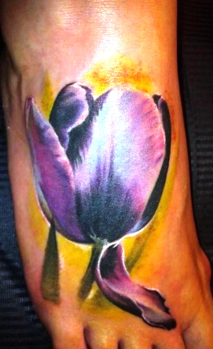 Beautiful Purple Tulip Tattoo On Right Foot
