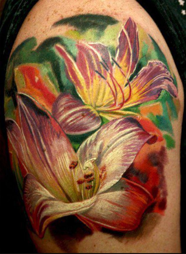 Beautiful Realistic Lily Flowers Tattoo On Shoulder