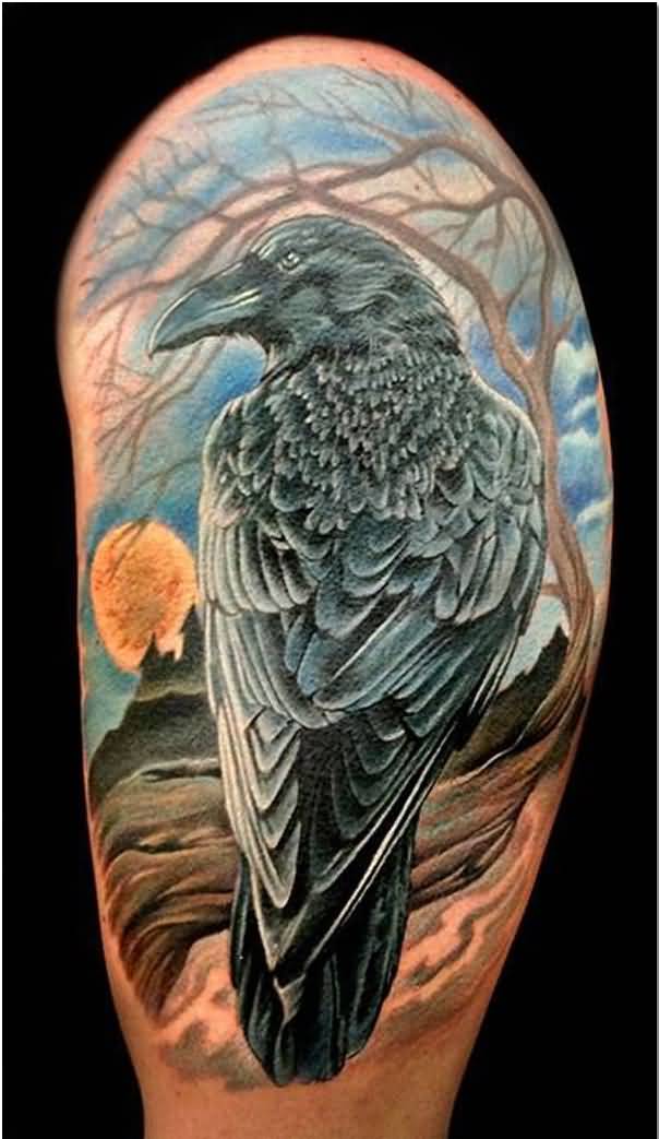 Beautiful Rising Sun And Raven Tattoo On Half Sleeve