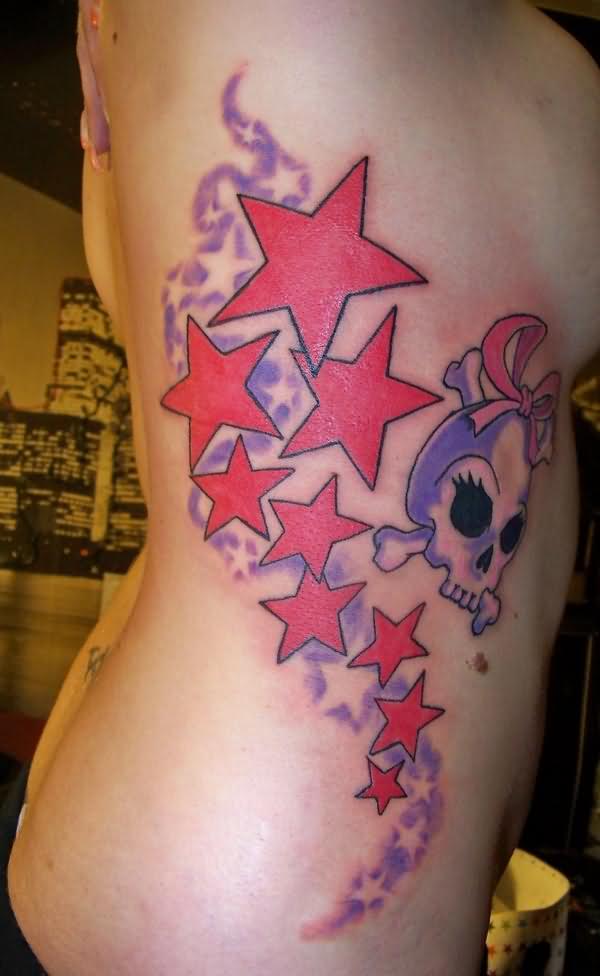 Beautiful Stars And Skull Tattoo On Side Rib