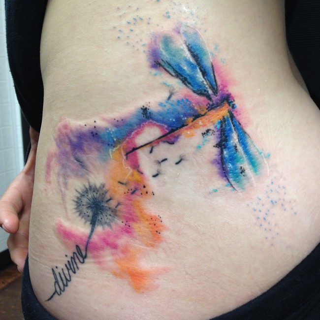 Beautiful Watercolors Dragonfly And Dandelion Puff Tattoo On Side Rib