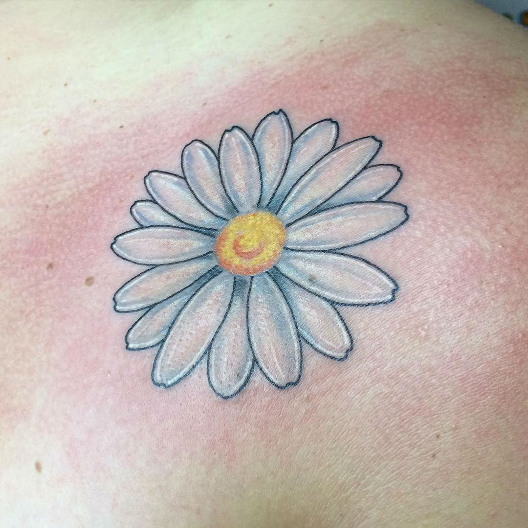 Beautiful White Daisy Tattoo On Front Shoulder