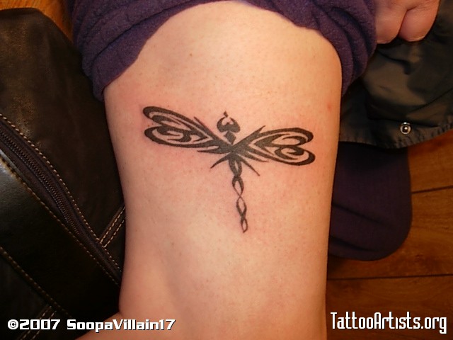 Bicep Black Tribal Dragonfly Tattoo